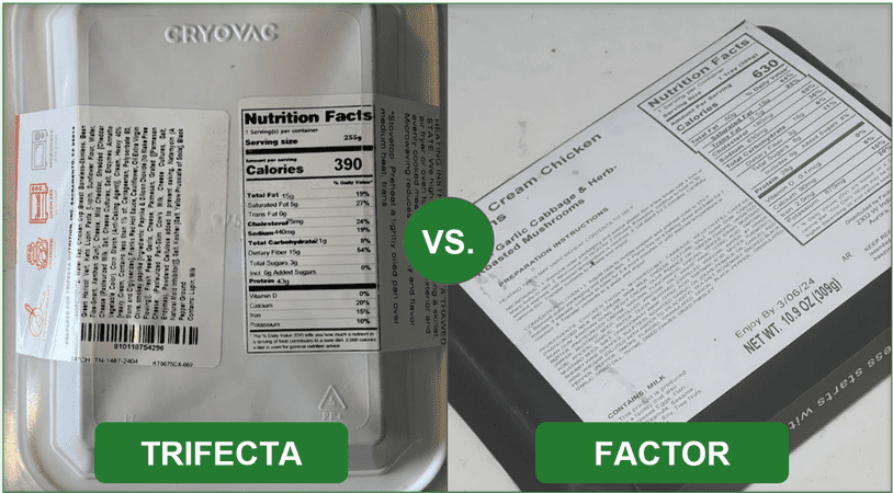 Comparison image of Trifecta and Factor's meal packaging with nutrition facts displayed clearly
