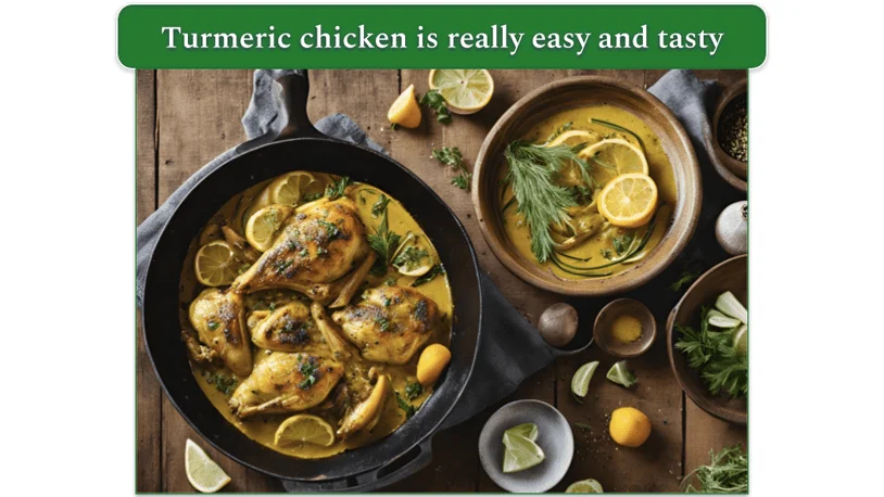 a cast iron pan filled with Mediterranean turmeric chicken and citrus