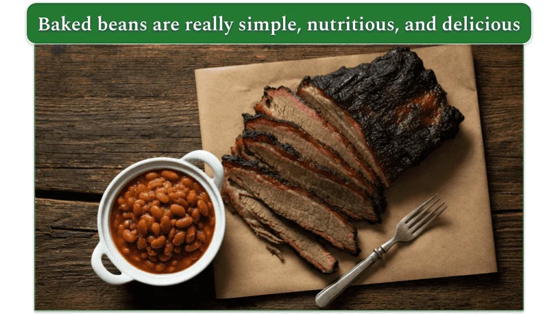 Brisket meat beside a bowl of baked beans.