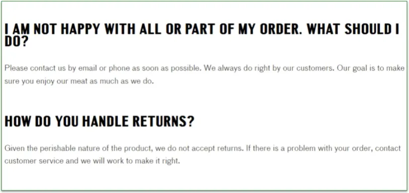 Screenshot of Porter Road's FAQ regarding orders and returns