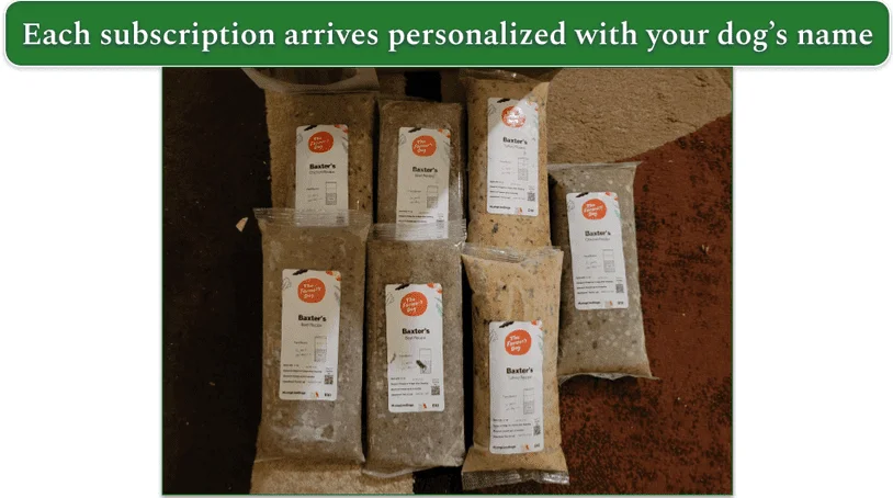 The Farmer’s Dog packaged meals labeled with Baxter’s name