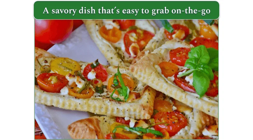 Several pieces of  Tomato and Halloumi Slices on Puff Pastry on a plate