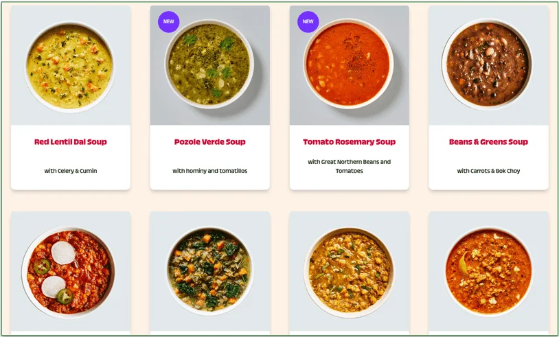 Screenshot of Spendid Spoon’s soup menu