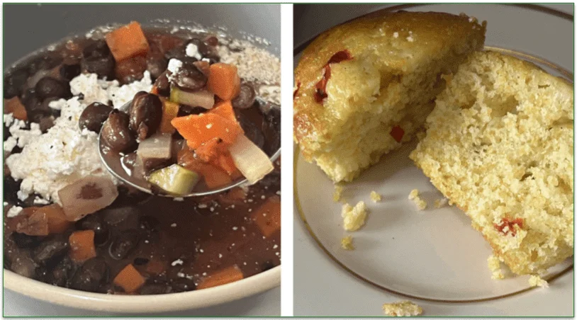  A close up of the watery chili and the sliced cornbread