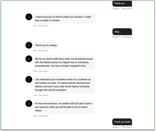 screenshot of Postmates' customer service conversation