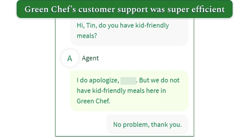 Green Chef customer support agent's response