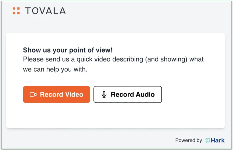 Tovala's help request form allowing customers to record video or audio