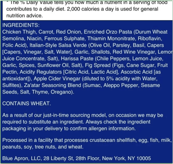 blue apron, allergens and ingredients