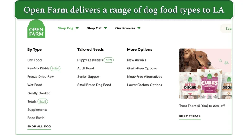 Screenshot of Open Farm’s dog food menu by type and needs