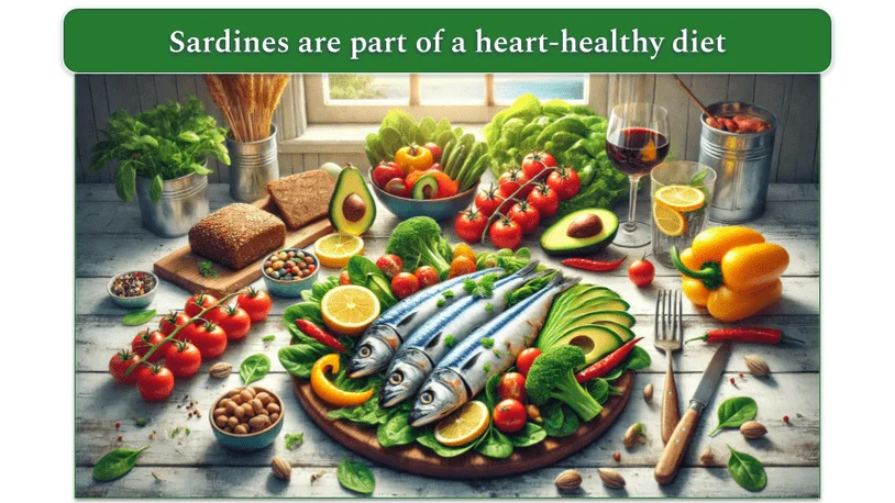 Heart-healthy foods including sardines, vegetables, and fruit