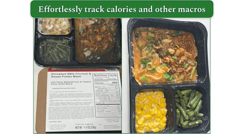 Shredded BBQ chicken and sweet potato mash in the microwave container with the reverse of the packaging on show with calories and other nutritional info