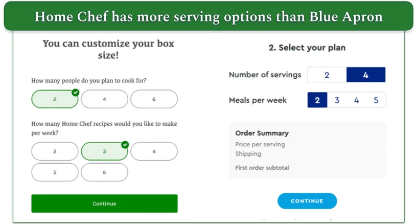 Screenshots comparing serving size options for Home Chef and Blue Apron