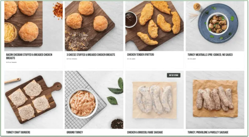 screenshot of Rastelli's chicken variations like breaded patties and tenders, meatballs, and sausages.