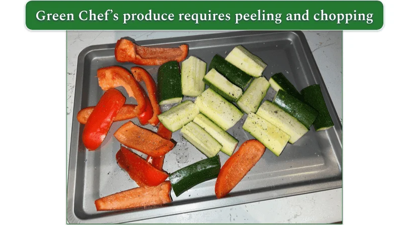 A tray showing chopped zucchini and red pepper
