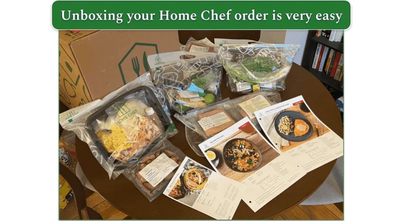 Image of a Home Chef order unboxed with recipes bagged up separately and protein in front of each bag
