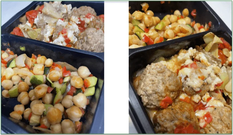 Photos showing the side dish of vegetables and the meatballs in the plastic tray