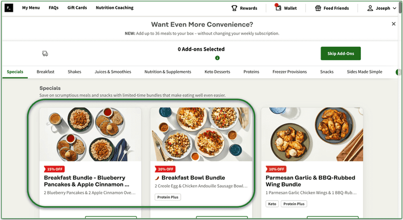 Screenshot of Factor’s add-ons menu with breakfast bundles highlighted