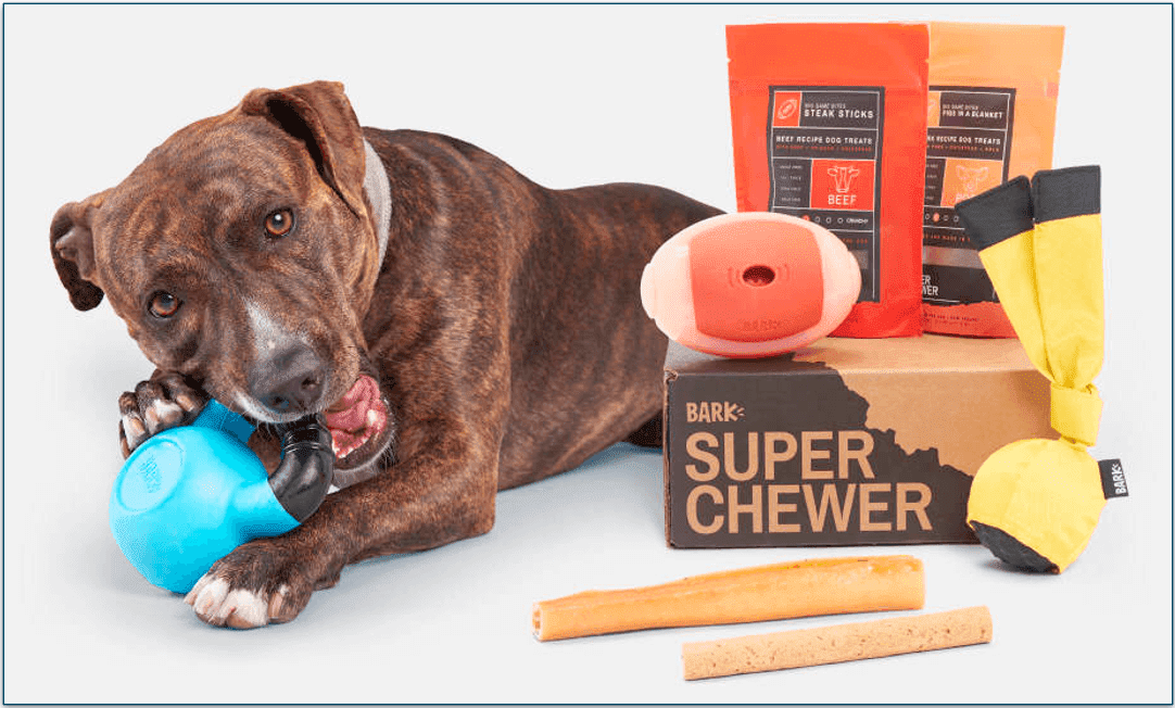 Screenshot of a Bark Super Chewer box and a satisfied pit bull