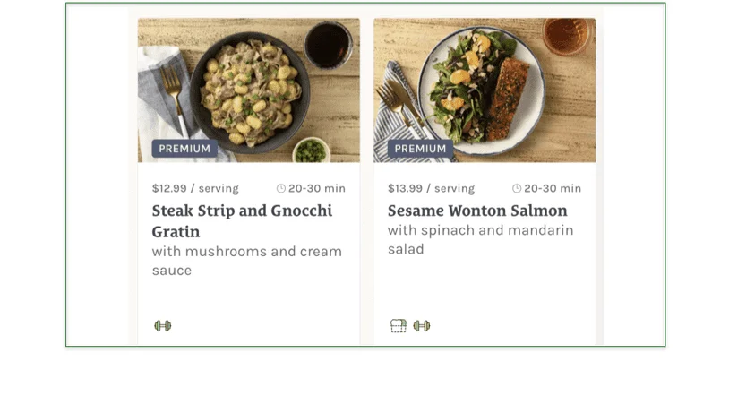 Screenshot of Fresh and Easy's Steak Strip and Gnocchi Gratin ($12.99/serving) and Sesame Wonton Salmon ($13.99/serving).