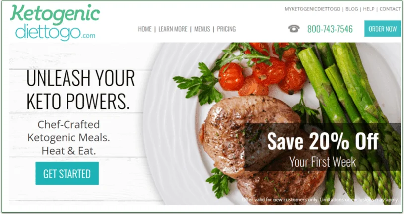 Screenshot of Diet-to-Go's ketogenic diet homepage