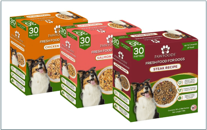 Image of 3 PawFoods meals packets with one larger section with the meal and 4 smaller sections above for the additional ingredients