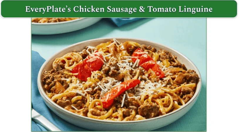 a screenshot of everyplate's Chicken Sausage & Tomato Linguine with Parmesan