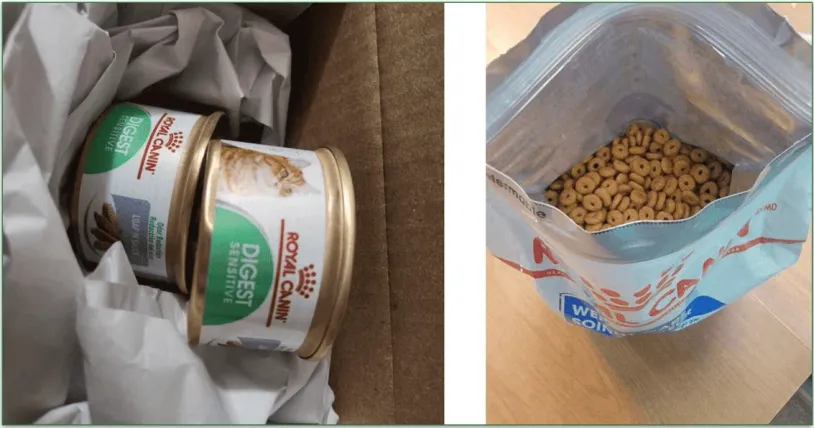 Image of Royal Canin's canned cat food next to an open pouch of dry pet food