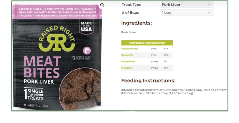 A bag of Raised Right Pork Liver Meat Bites with the nutritional information alongside it