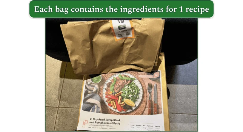 A Green Chef brown bag containing recipe ingredients along with the recipe card in front
