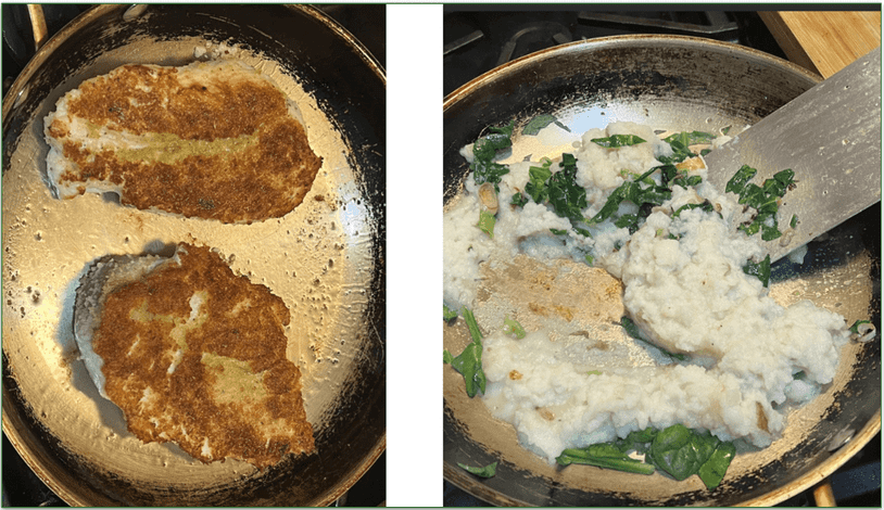 Photo of breaded chicken being fried in a skillet and a phot of pre-mashed potato being mixed with greens in a skillet