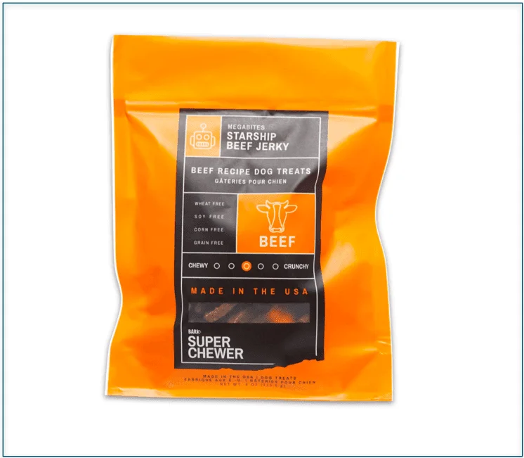 A picture of a bag of Bark Super Chewer Starship Beef Jerky
