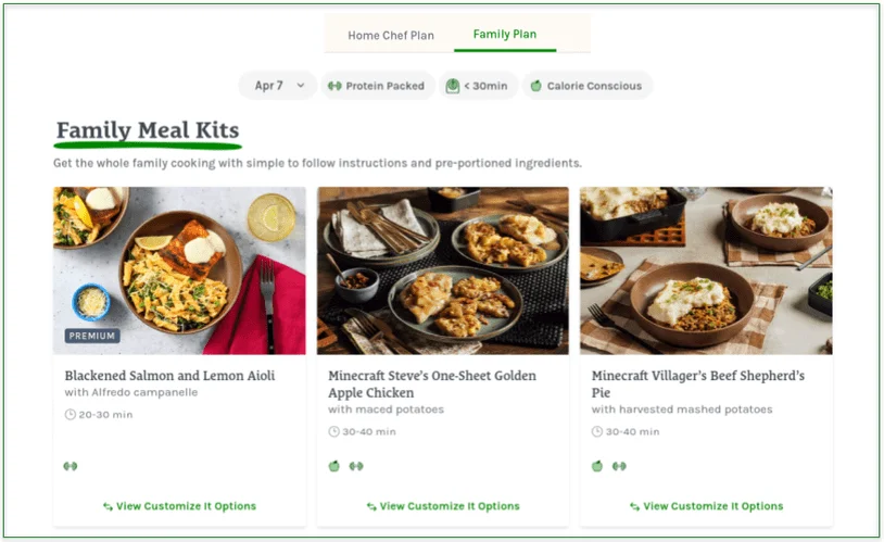 Screenshot of Home Chef's menu screen with the Home Chef Plan and Family Plan highlighted