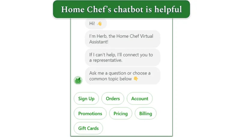 screenshot of Home Chef's live chat with multiple options including orders, pricing, sign up and more