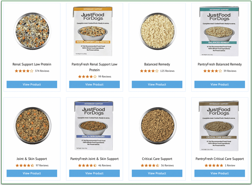 images of JustFoodForDogs Renal Support, Balanced Remedy, Joint & Skin Support, and Critical Care Support prescription dog foods