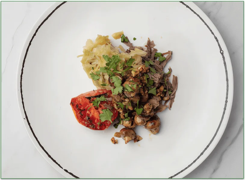 a photo of the shredded beef and mushrooms from pete's real food