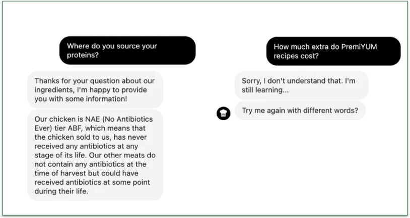 Screenshots of two interactions with Dinnerly's automated chat.