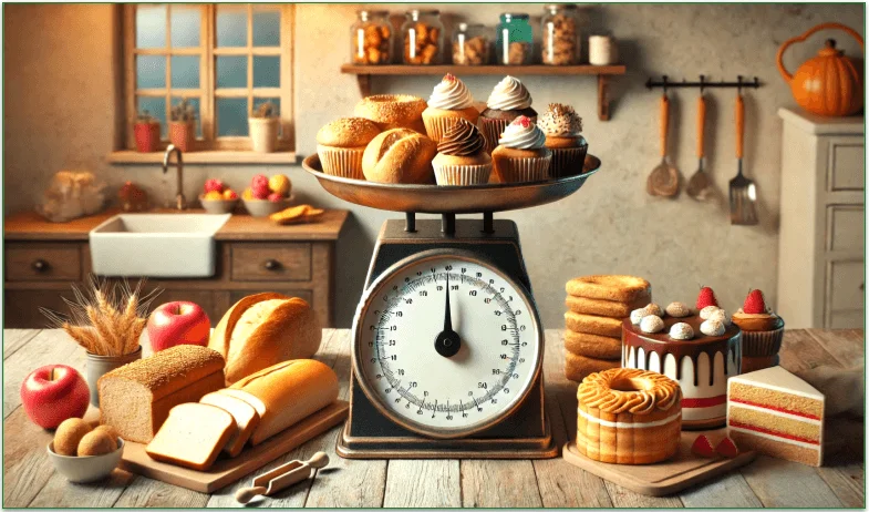 A kitchen scale filled with carb-containing foods
