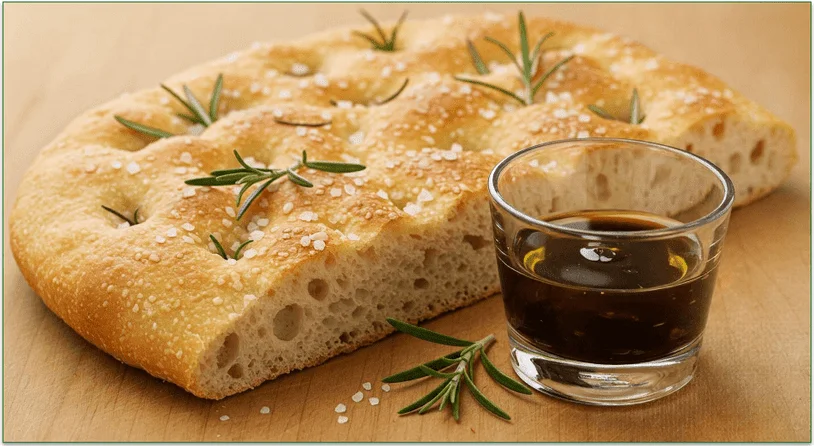 A piece of focaccia bread on a table beside a glass ramekin of olive oil and balsamic vinegar dip.