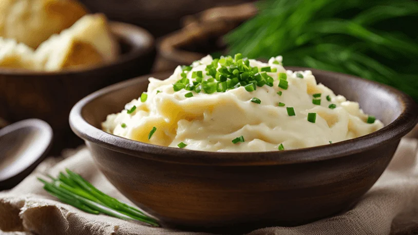 a bowl of mashed potatoes with freshly chopped chives