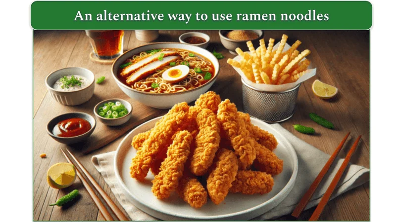 Crispy chicken tenders served on a plate with a bowl of ramen noodles, fries, and sauces in the background