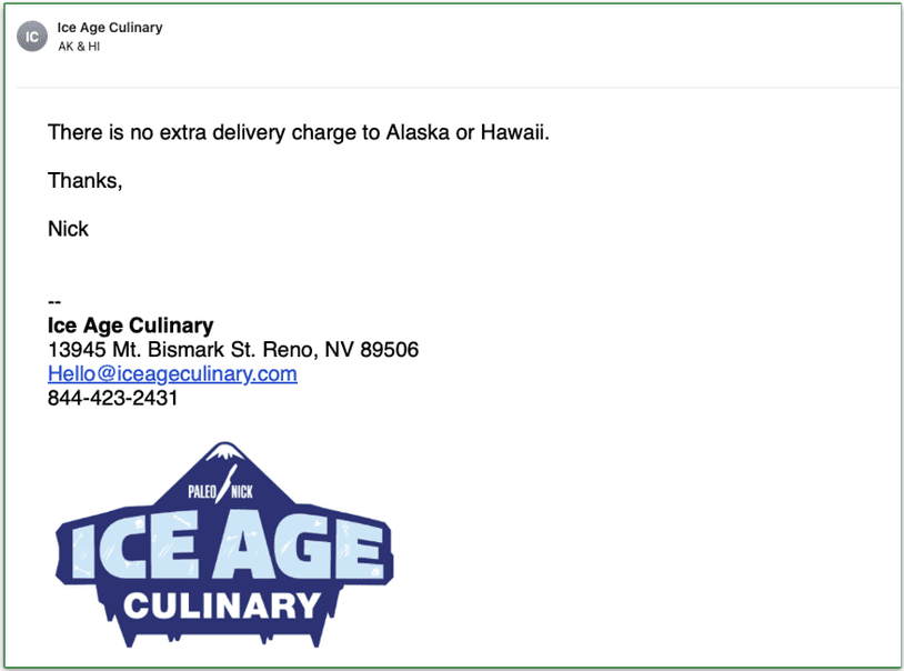 The response I received from Ice Age Meals
