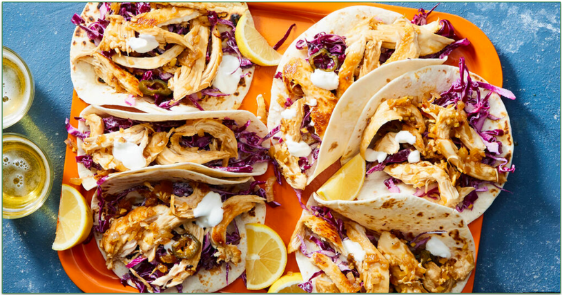 Marley Spoon's Filipino-Style Chicken Tacos with Red Cabbage Slaw is an easy, one-pot meal.