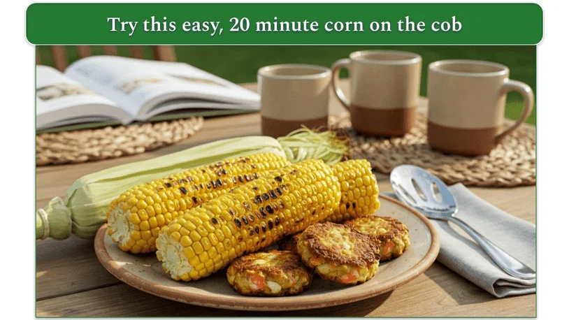 Corn on the cob on a plate with some crab cakes beside a few cups on a picnic table.