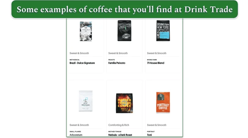 a screenshot of part of drink trade's coffee menu