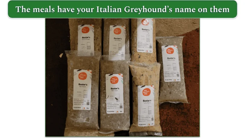 The Farmer’s Dog packaged meals labeled with Baxter’s name