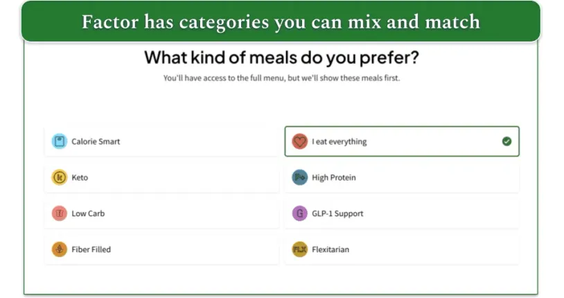 Factor's meal plan options