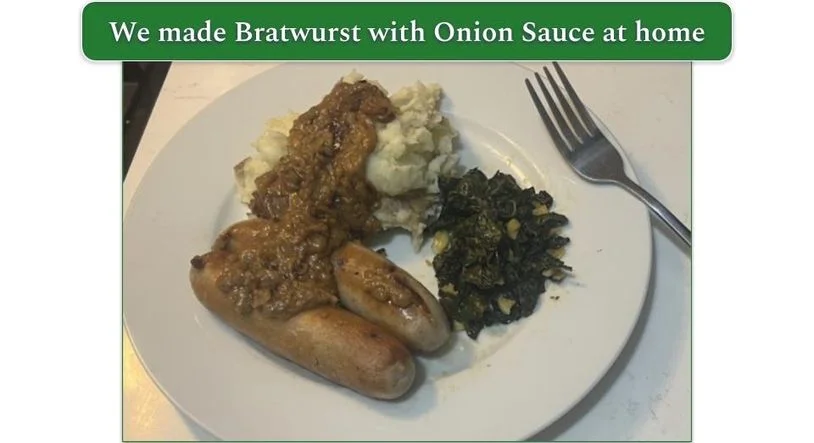 Marley Spoon's Bratwurst with Onion Sauce and mashed potatoes on a plate