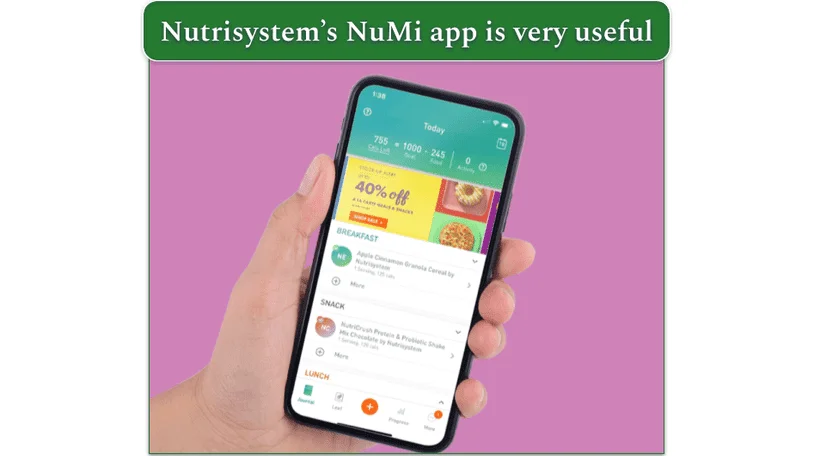 Image of a phone displaying the NuMi app from Nutrisystem