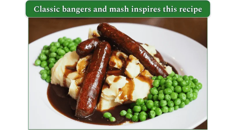 Classic sausage and mash served with peas and gravy