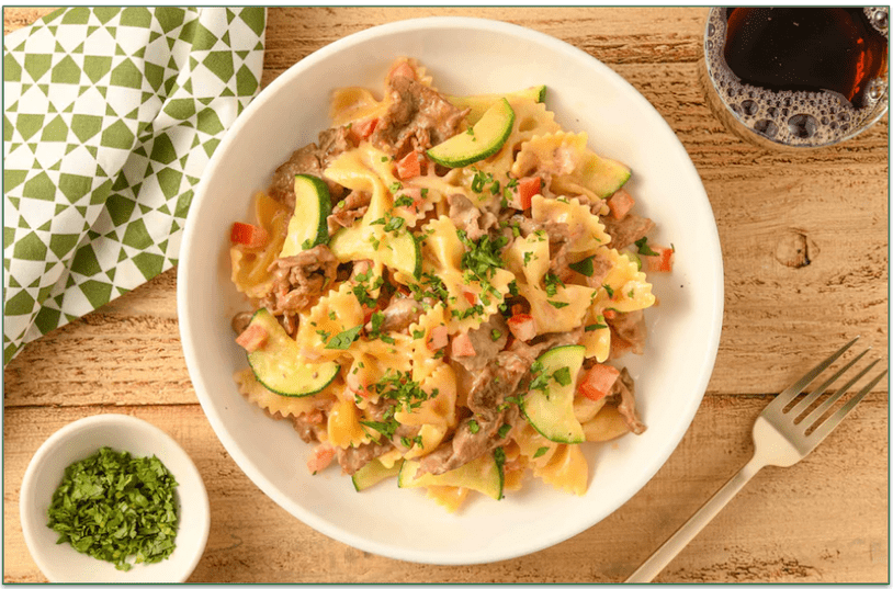 A bowl of pasta with strip steak and vegetables